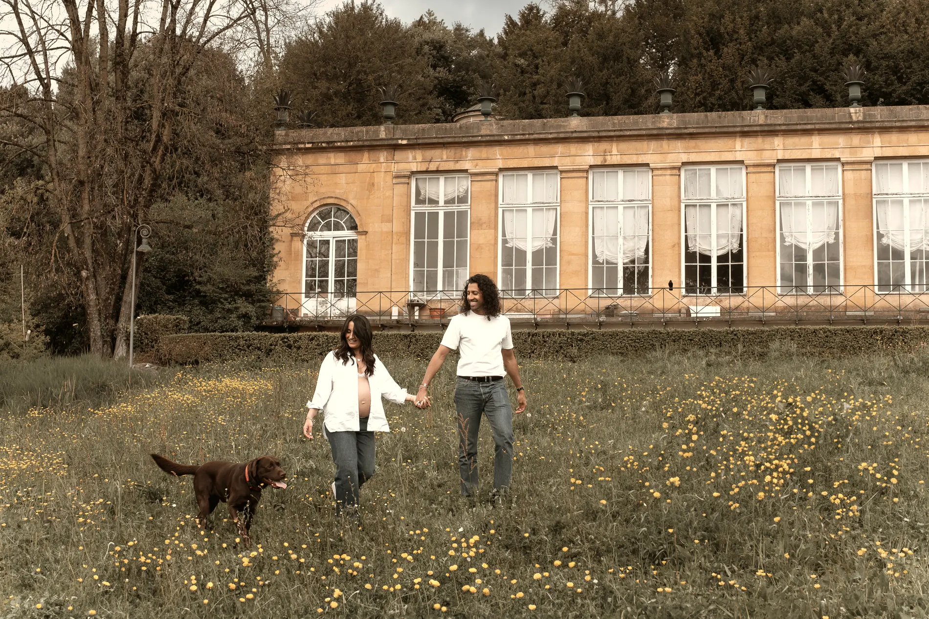 Un couple marche main dans la main dans un pré fleuri, leur chien devant eux